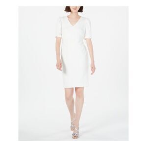 NWT CALVIN KLEIN Womens Ivory Short Sleeve Midi Sheath Cocktail Dress Size: 8